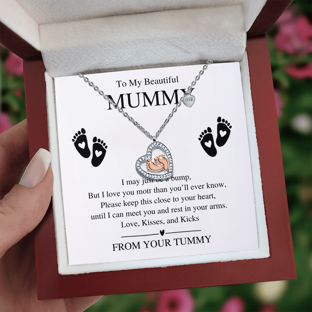 To My Beautiful Mummy, From Your Tummy - Baby Feet Heart Necklace