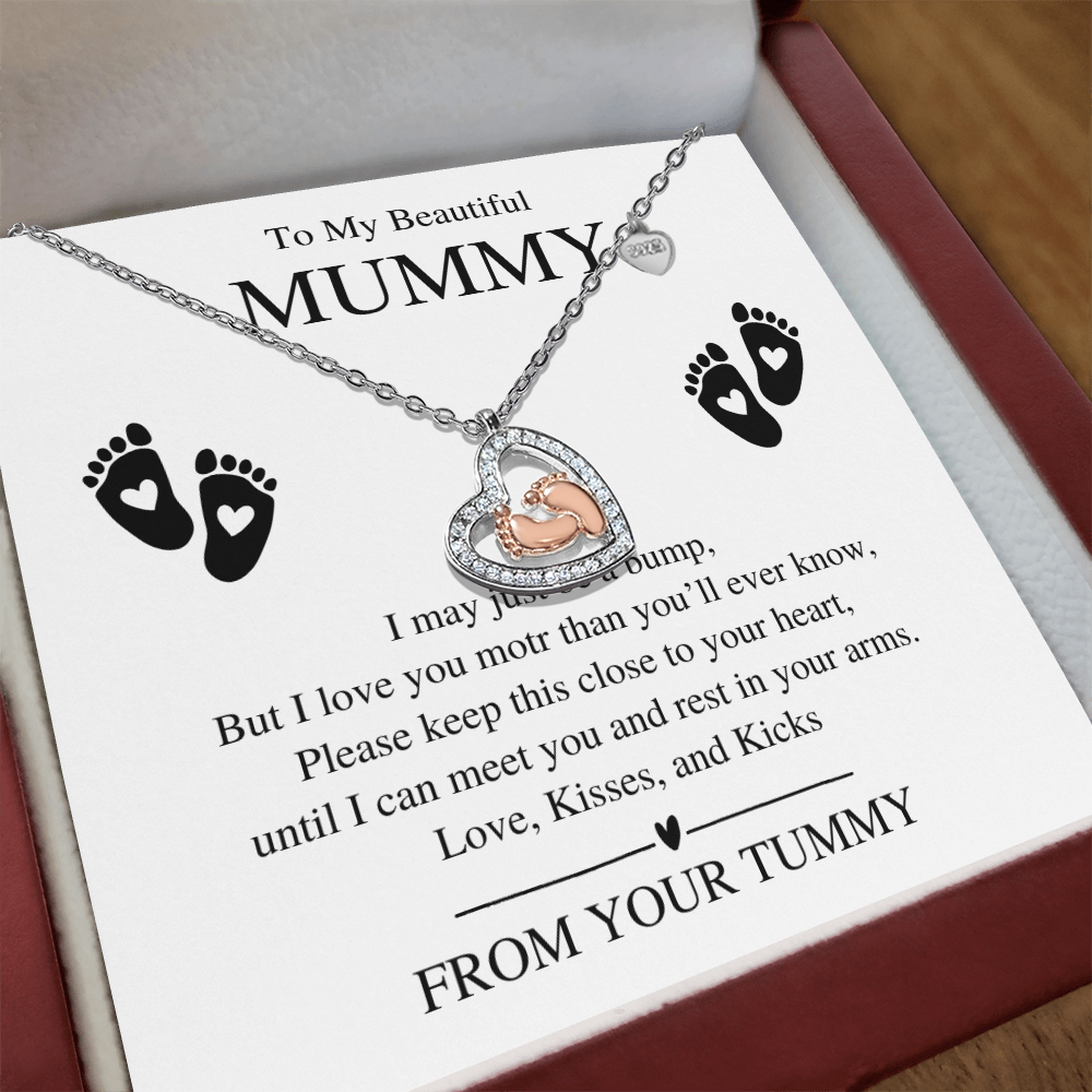 To My Beautiful Mummy, From Your Tummy - Baby Feet Heart Necklace