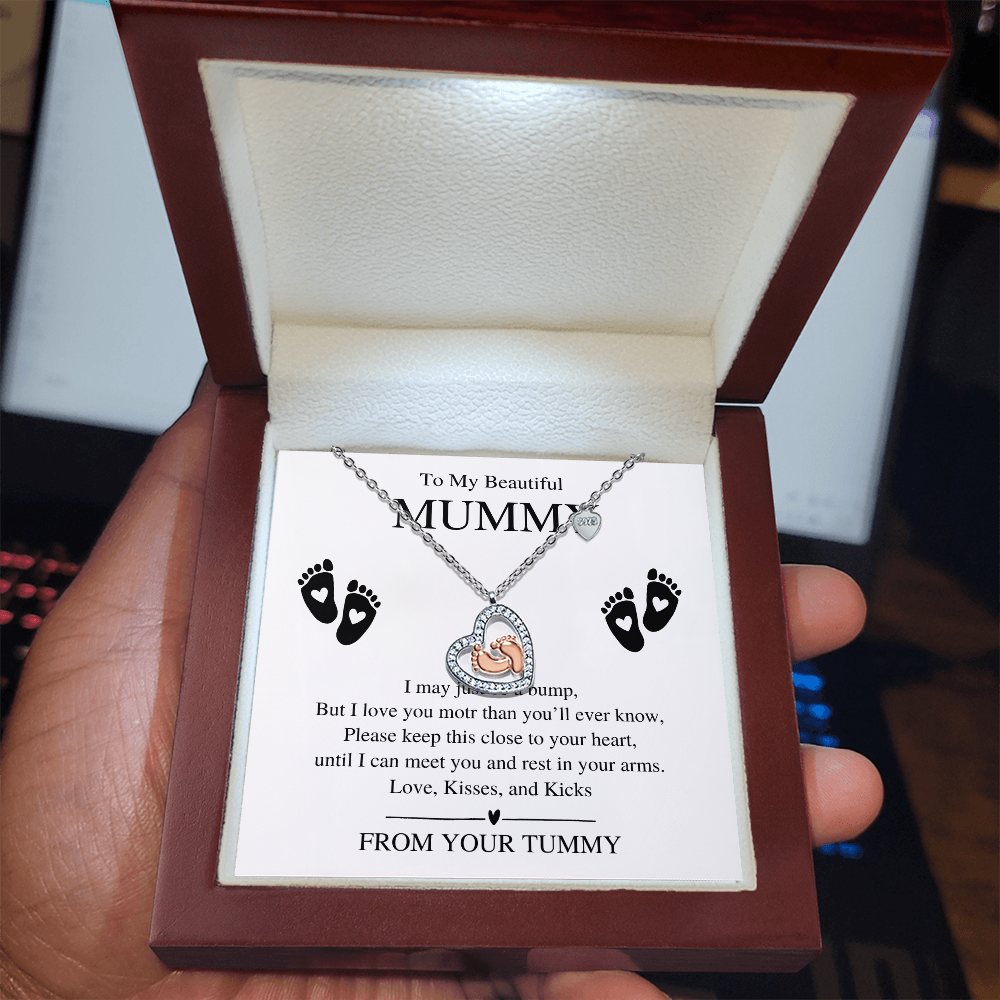 To My Beautiful Mummy, From Your Tummy - Baby Feet Heart Necklace