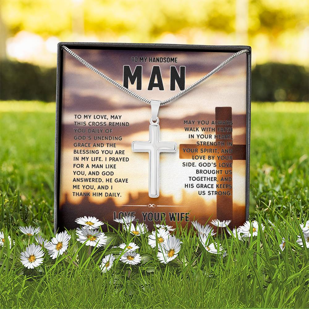To My Handsome Man, From Wife - Artisan Cross Necklace