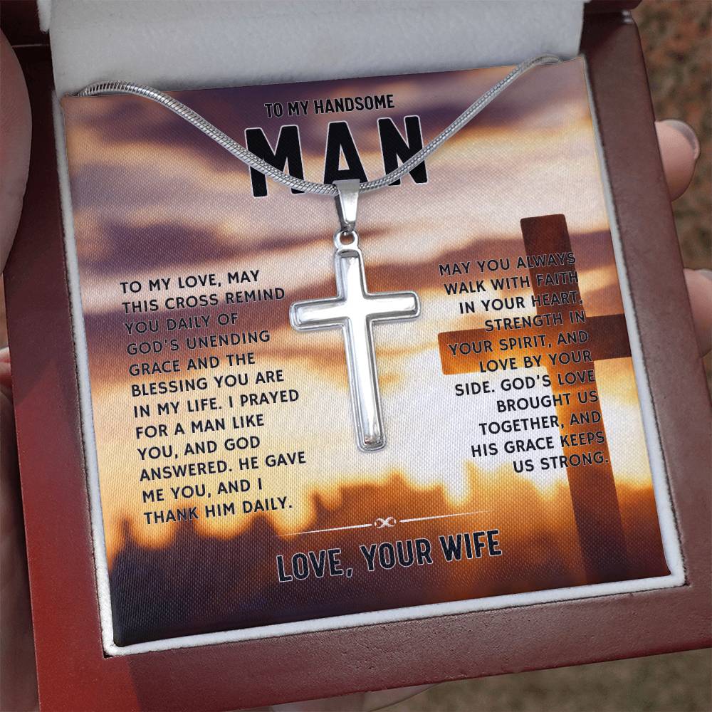 To My Handsome Man, From Wife - Artisan Cross Necklace